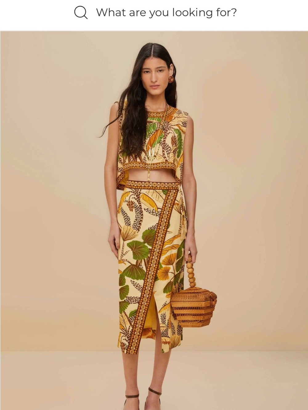 FARM Rio Tan Tropical Leaf Print Skirt Set with Green and Brown Accents